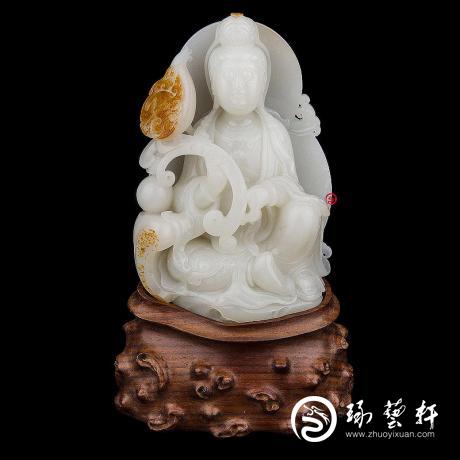 【琢艺轩】新疆和田玉红皮白玉籽玉摆件   持莲观音  510克