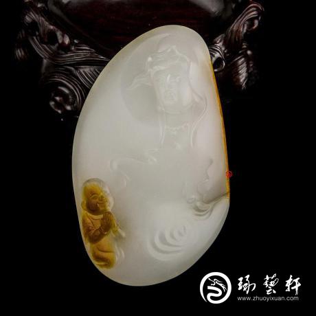 【琢艺轩】新疆和田玉红沁羊脂白玉籽玉把件 童子拜观音(独籽） 112克