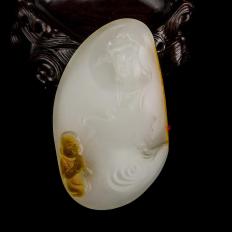 新疆和田玉红沁羊脂白玉籽玉把件 童子拜观音(独籽） 112克