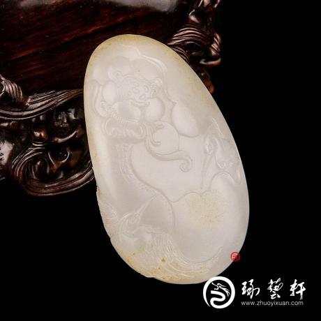 【琢艺轩】新疆和田玉黄皮一级白玉籽玉把件（独籽）  一路连科  79克