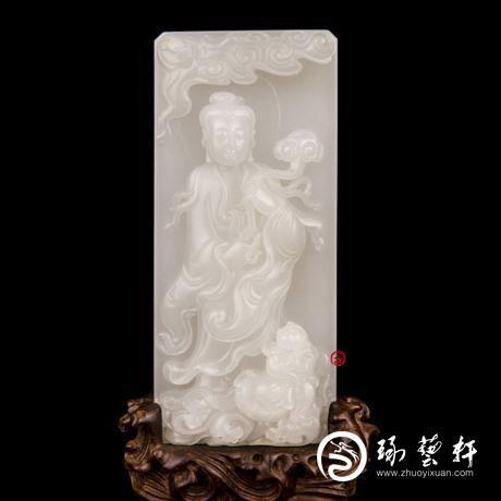【琢艺轩】穆宇静 新疆和田玉洒金皮羊脂白玉籽玉摆件 童子拜观音 290克