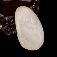 新疆和田玉黄皮一级白玉籽玉把件（独籽）  一路连科  79克