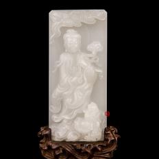 穆宇静 新疆和田玉洒金皮羊脂白玉籽玉摆件 童子拜观音 290克