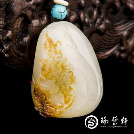 新疆和田玉黄皮白玉籽玉挂件 花间意 39克