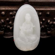 新疆和田玉黄皮羊脂白玉籽玉玉牌 观音 58克