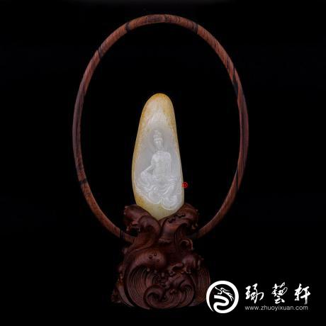【琢艺轩】穆宇静 新疆和田玉黄皮一级白玉籽玉摆件 水月观音 227克