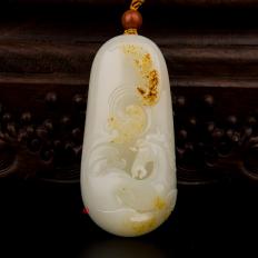 吴金星 新疆和田黄皮白玉籽玉把件 神龙护驾 135克