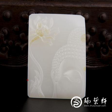 【琢艺轩】穆宇静 新疆和田玉洒金皮一级白玉籽玉牌子 花开见佛 65克