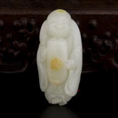 新疆和田玉洒金皮白玉籽玉把件 童子击鼓 57.9克