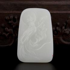 新疆和田玉白皮白玉籽玉玉牌 观音 62.3克