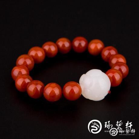 【琢艺轩】新疆和田玉黄皮一级白玉籽玉南红手串 莲花手串 32克