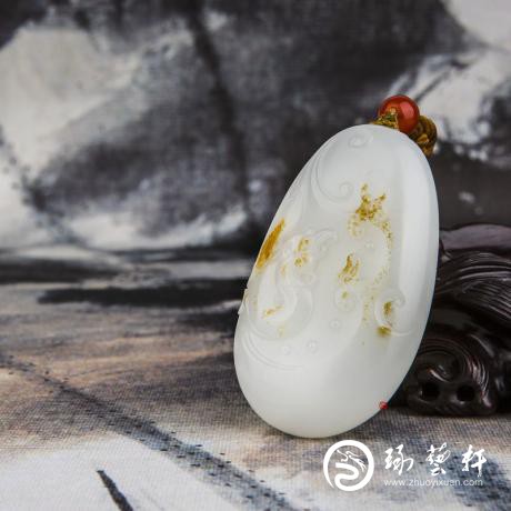 【琢艺轩】穆宇静新疆和田玉黄皮羊脂白玉籽玉把件 仿古龙 76.2克