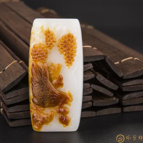 【琢艺轩】黄杨洪 庞然 新疆和田红沁白玉籽玉玉牌 五子登科 62.7克