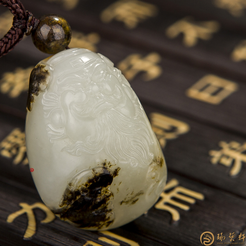 新疆和田黑皮白玉籽玉挂件 钟馗捉鬼 23.4克