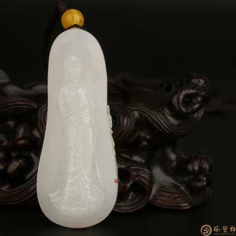 【琢艺轩】新疆和田洒金皮一级白籽玉挂件 持莲观音 30克
