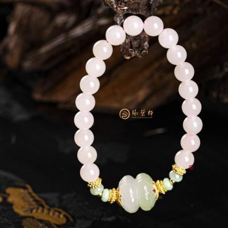 藕粉搭配翠青并蒂莲 手链 21.8克